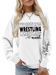 Detail view of WRESTLING aunt text and sleeve print on a soft white sweatshirt