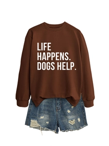 Detail of life happens dogs help slogan sweatshirt with distressed denim shorts