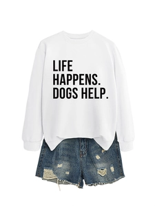Detail of Life Happens Dogs Help white sweatshirt and distressed denim shorts outfit