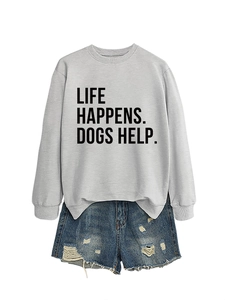 Detail of Life Happens Dogs Help gray sweatshirt with ribbed cuffs and blue denim shorts