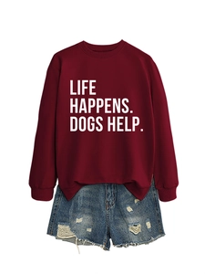 Detail of burgundy crewneck sweatshirt with Life Happens Dogs Help print and denim shorts