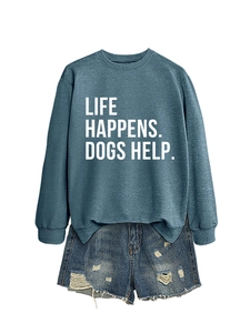 Detail of life happens dogs help slogan sweatshirt with distressed denim shorts set