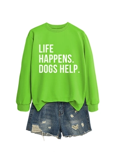 Neon green sweatshirt detail with white 'Life Happens Dogs Help' slogan and crew neck