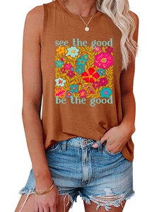 Nahaufnahme braunes ärmelloses Top mit Blumendruck und See the good be the good Slogan