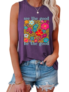 Detail von lila Tanktop mit Blumendruck und See the Good Be the Good Textgrafik