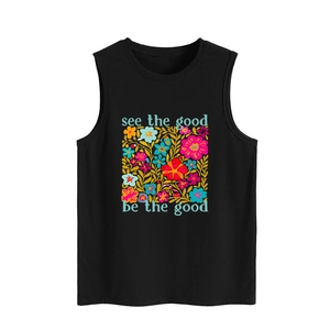 Schwarzes ärmelloses Tanktop mit See the Good Blumendruck und Rundhalsausschnitt