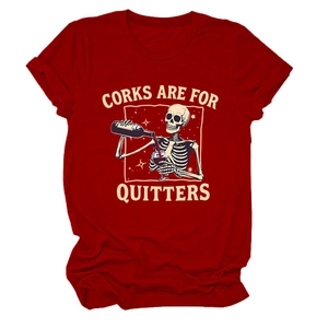 T-shirt rouge en coton à col rond avec motif squelette 'Corks Are For Quitters'
