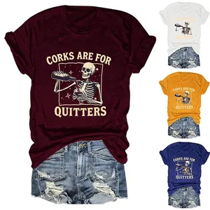 T-Shirt Femme Humour Crâne Versant Du Vin Imprimé Graphique Col Rond Manches Courtes Mélange De Coton Décontracté