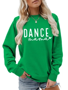 Close-up of green DANCE mama sweatshirt with white letter print and heart graphic