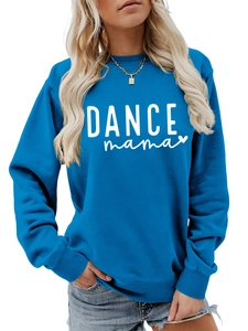 Detailed view of DANCE mama white text print on soft blue crewneck sweatshirt fabric