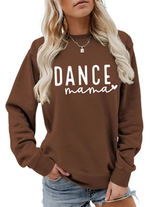 Detail of ribbed cuffs and white 'DANCE mama' text on a brown long sleeve sweatshirt