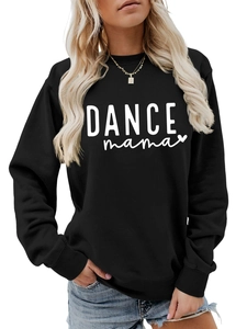 Detail of DANCE mama letter print on black crewneck sweatshirt with small heart icon