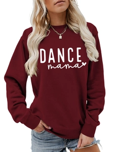 Detail of burgundy crewneck sweatshirt featuring white DANCE mama print and heart graphic