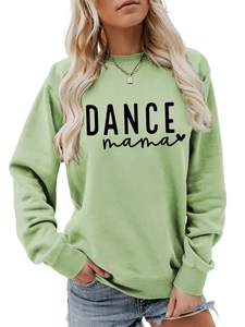 Detail of light green round neck sweatshirt featuring DANCE mama script and heart print