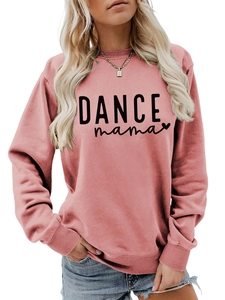Detail of the Dance Mama artistic lettering and heart icon on a dusty rose sweatshirt