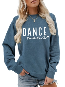 Close-up of DANCE mama letter print and ribbed neckline on grey blue cotton sweatshirt