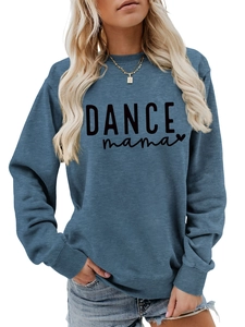 Close-up of DANCE mama black heart print on Morandi blue long sleeve cotton sweatshirt