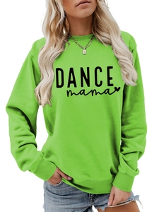 Detail of bright green crewneck sweatshirt with black DANCE mama print and ribbed cuffs