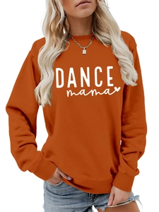 Close-up of orange crew neck sweatshirt with white DANCE mama print and ribbed neckline detail