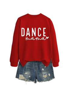 Detail of red crewneck sweatshirt with DANCE mama print and blue distressed denim shorts