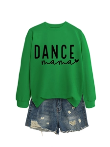 Detail of green crewneck sweatshirt with black DANCE mama print and blue ripped denim shorts
