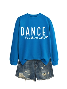 Detail of blue DANCE mama sweatshirt with heart motif and distressed denim shorts