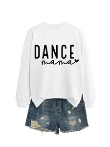 Detail of white cotton crewneck sweatshirt with black DANCE mama print and heart graphic