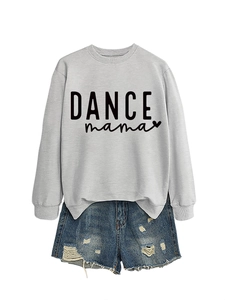 Detail of grey crewneck sweatshirt with black DANCE mama print and distressed denim shorts
