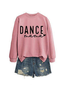 Pink DANCE mama sweatshirt with distressed blue denim shorts flat lay fashion set