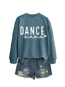 Close-up of DANCE mama navy sweatshirt with ripped denim shorts on white background
