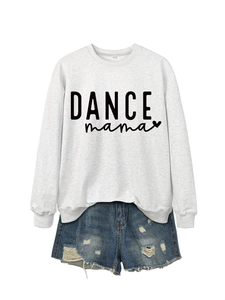 Flat lay of gray DANCE mama crewneck sweatshirt and distressed blue denim shorts