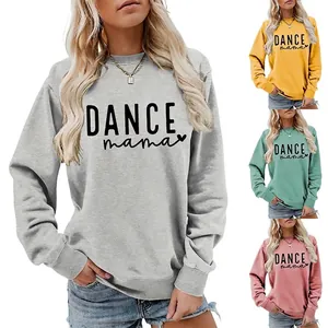 Women Crewneck Sweatshirt Pure Cotton Long Sleeve Dance Mama Letter Heart Print Casual Loose Pullover Fashion Top
