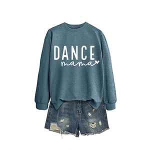 Teal long sleeve crewneck sweatshirt featuring DANCE mama print with denim shorts