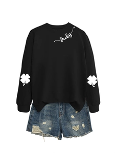 Detail of lucky lettering and clover prints on black casual long sleeve sweatshirt