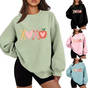 Women's Casual Cotton Blend Crewneck Sweatshirt Teacher XOXO Pencil Heart Apple Print Long Sleeve Oversized Pullover Top