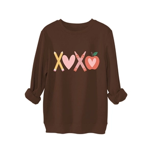 Brown round neck sweatshirt featuring XOXO art print with pencil and heart motifs