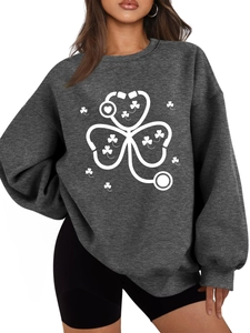 Detail of clover stethoscope print on grey drop shoulder warm sweatshirt for women