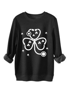 Detail of warm fleece lining and clover stethoscope print on black sweatshirt