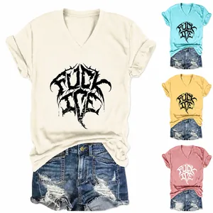 T Shirt Femme Col En V Manches Courtes Mélange De Coton Imprimé Lettres Gothique Streetwear Coupe Ample Noeud Ourlet