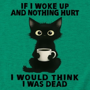 Detail of funny black cat holding coffee print on green cotton t-shirt fabric