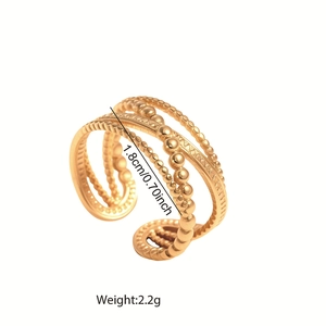 Gold-plated stainless steel layered cross open ring with bead and wavy carved textures