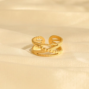 French style gold-plated multi-layer crisscross ring with beaded texture and open band