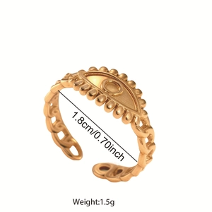 Detail view of gold Evil Eye open ring with Cuban link band and size measurements