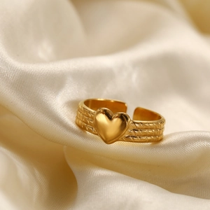 Gold-plated heart ring with braided rope texture and adjustable opening for women