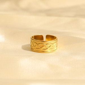 Golden woven texture wide open ring with vintage french geometric design for women