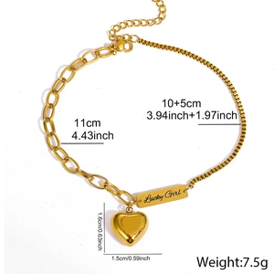 Bracelet de cheville doré pour femme avec pendentif cœur Lucky Girl et double chaîne
