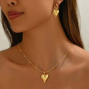 3D Puffy Herz Schmuck Edelstahl 18K Vergoldet Halskette Und Creolen Ohrringe Mode OL Stil Für Frauen Elegant