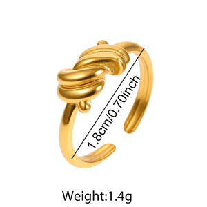 Minimalist double line twisted knot open ring in gold finish with size and weight specs