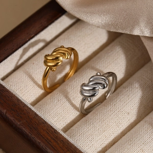 Minimalist double-layer knotted stainless steel open ring in gold and silver finish