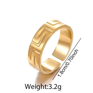 Bague ouverte en acier inoxydable doré avec motif grec gravé et design ajustable